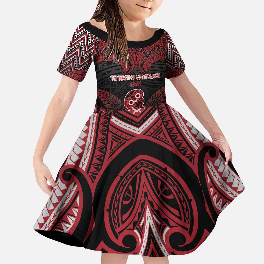 Personalised New Zealand Waitangi Day Family Matching Puletasi and Hawaiian Shirt Te Tiriti O Waitangi 1840 DT05 Daughter's Dress Black - Polynesian Pride