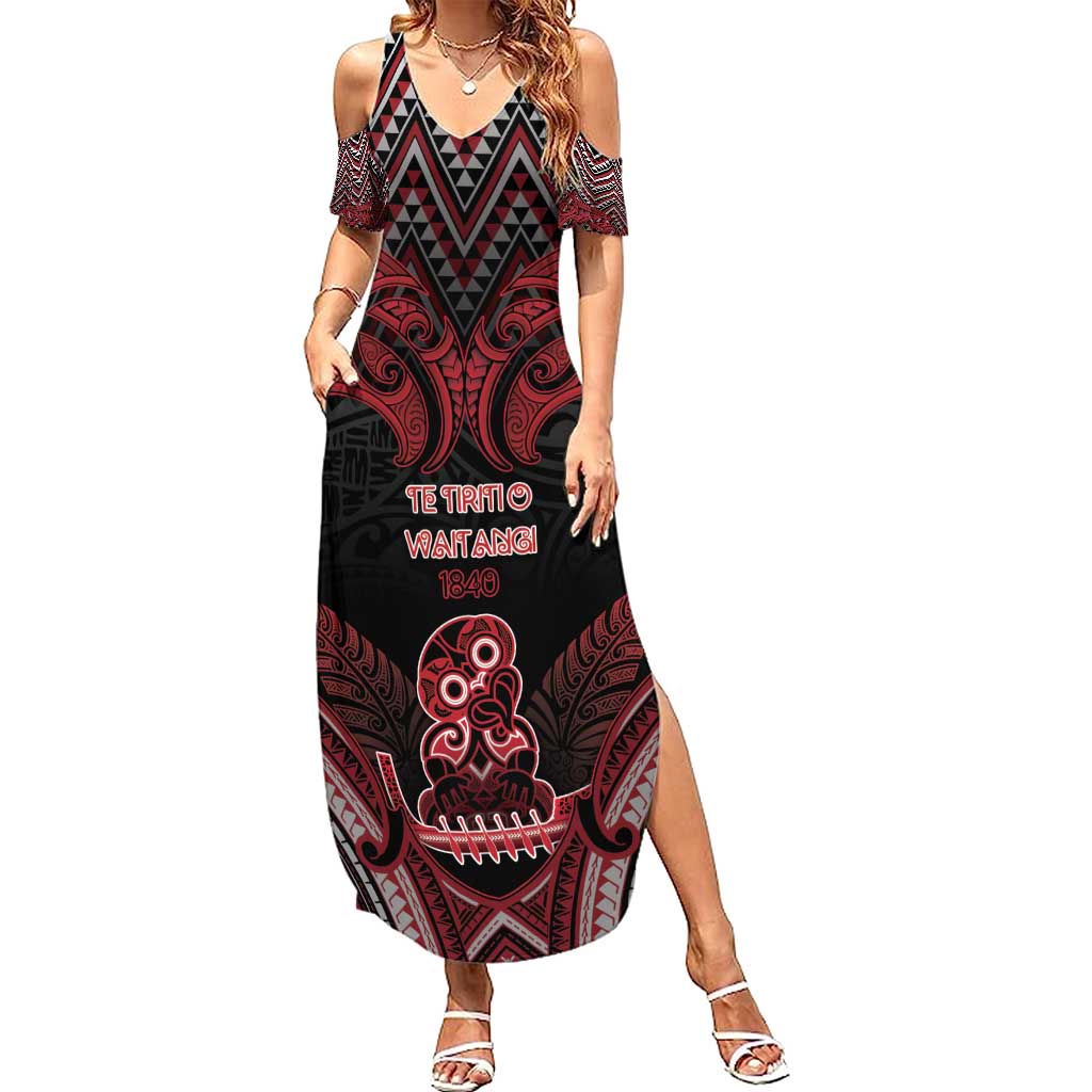 Personalised New Zealand Waitangi Day Family Matching Summer Maxi Dress and Hawaiian Shirt Te Tiriti O Waitangi 1840 DT05 Mom's Dress Black - Polynesian Pride