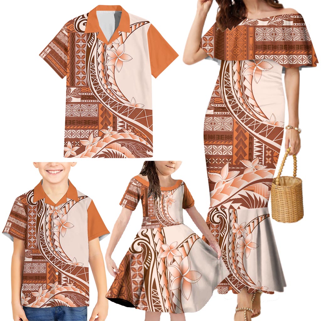 Samoa Siapo Mamanu Family Matching Mermaid Dress and Hawaiian Shirt Plumeria Orange Motifs LT7 Orange - Polynesian Pride