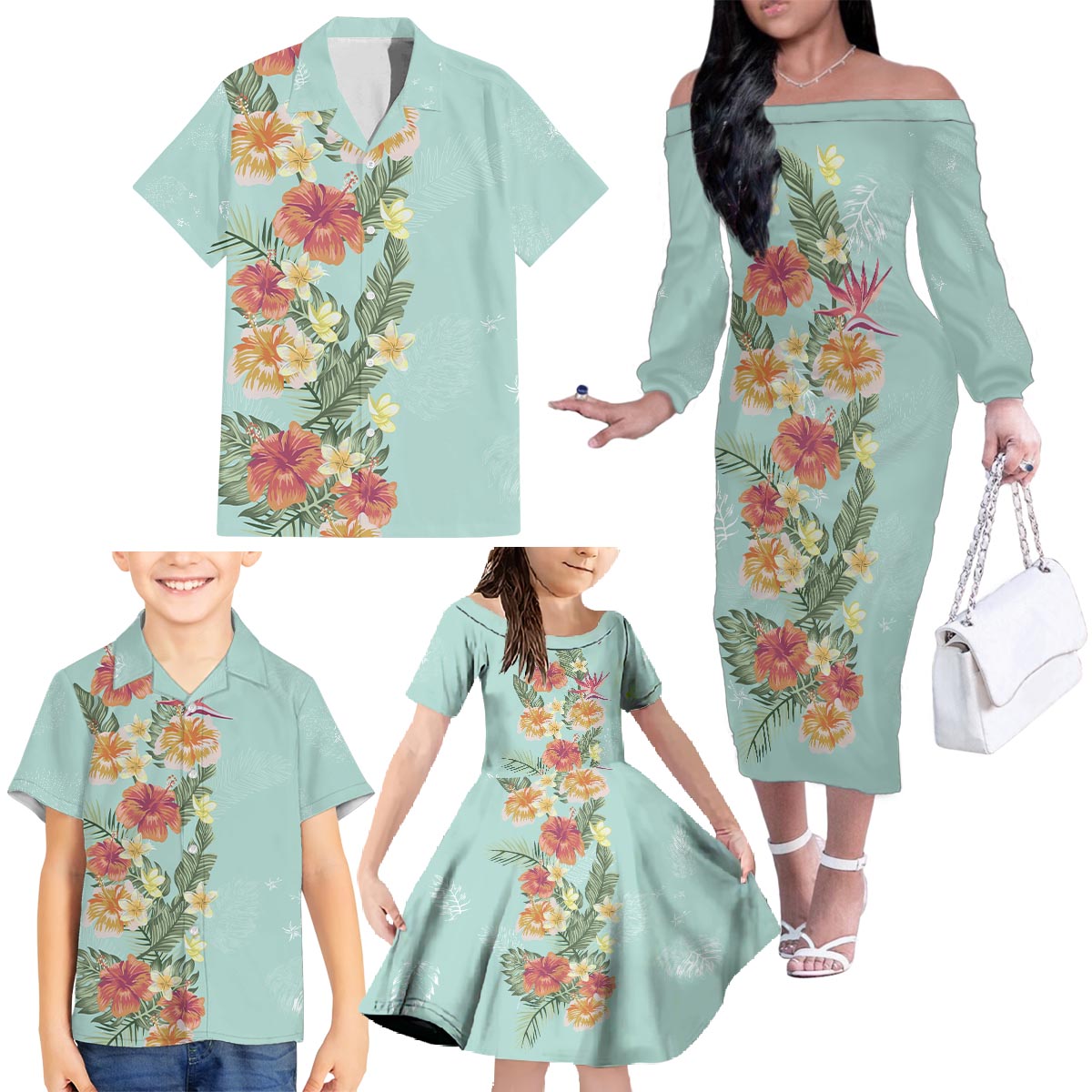Hawaii Tropical Family Matching Outfit Hibiscus Flowers Polynesian Off Shoulder Long Sleeve Dress And Shirt Family Set - Polynesian Pride
