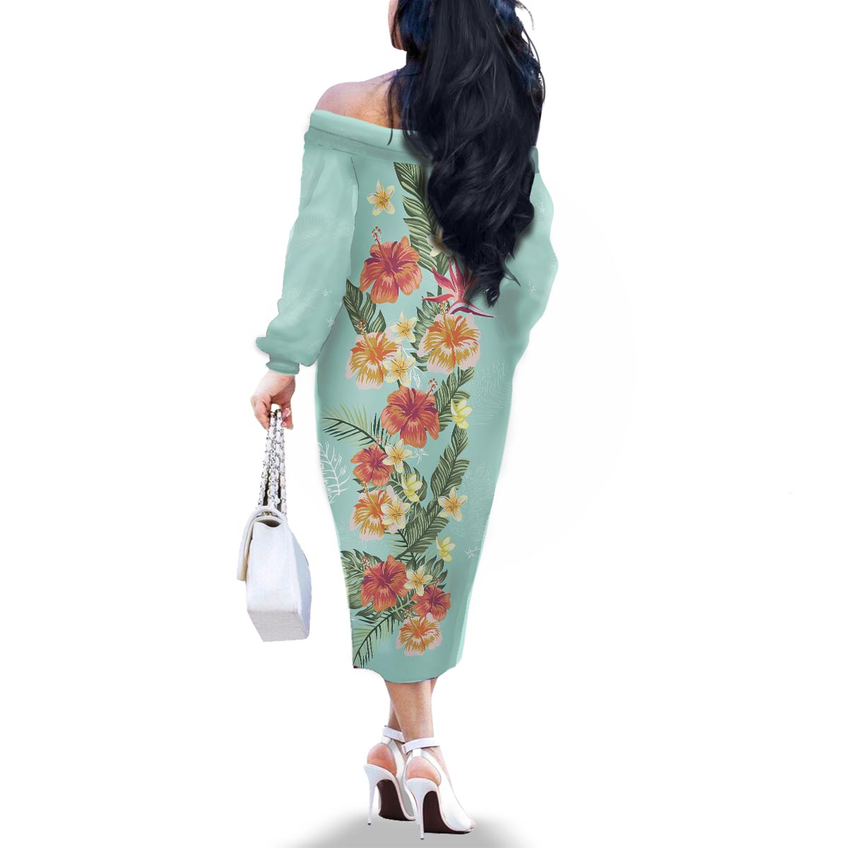 Hawaii Tropical Family Matching Outfit Hibiscus Flowers Polynesian Off Shoulder Long Sleeve Dress And Shirt Family Set - Polynesian Pride
