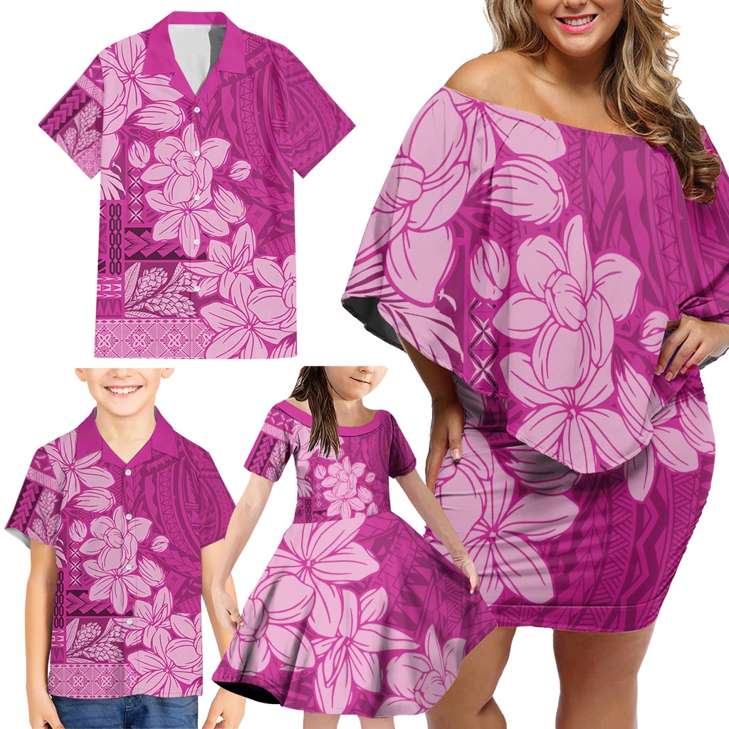 Samoa Women's Day Family Matching Off Shoulder Short Dress and Hawaiian Shirt Tiale Flower Mix Siapo Tapa - Fuchsia Ver LT7 Fuchsia - Polynesian Pride