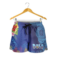 Fiji Day Shorts for Women Coral Reef with Tapa Motifs and Hibiscus Ocean Vibe LT03 - Polynesian Pride