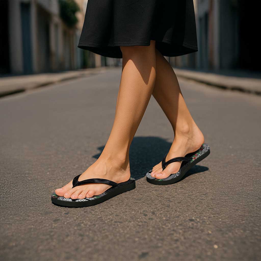 Fiji Hibiscus Flip Flops Tapa Masi Motifs with Tropical Plants