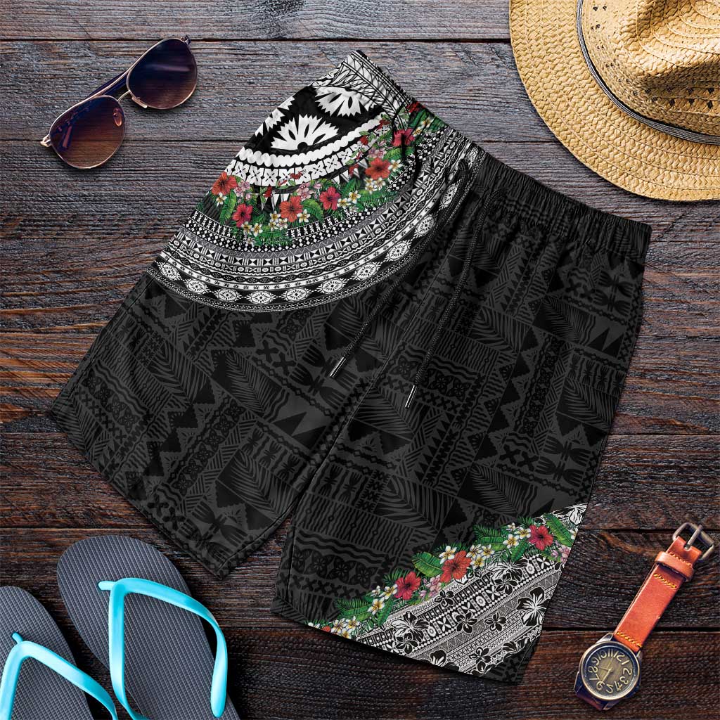Fiji Hibiscus Shorts for Men Tapa Masi Motifs with Tropical Plants