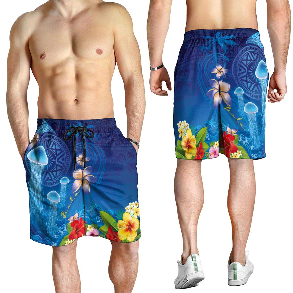 Fiji Jellyfish Shorts for Men Tapa Patterns and Hibiscus Sea Vibe