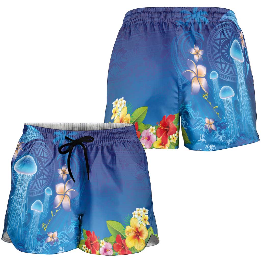Fiji Jellyfish Shorts for Women Tapa Patterns and Hibiscus Sea Vibe