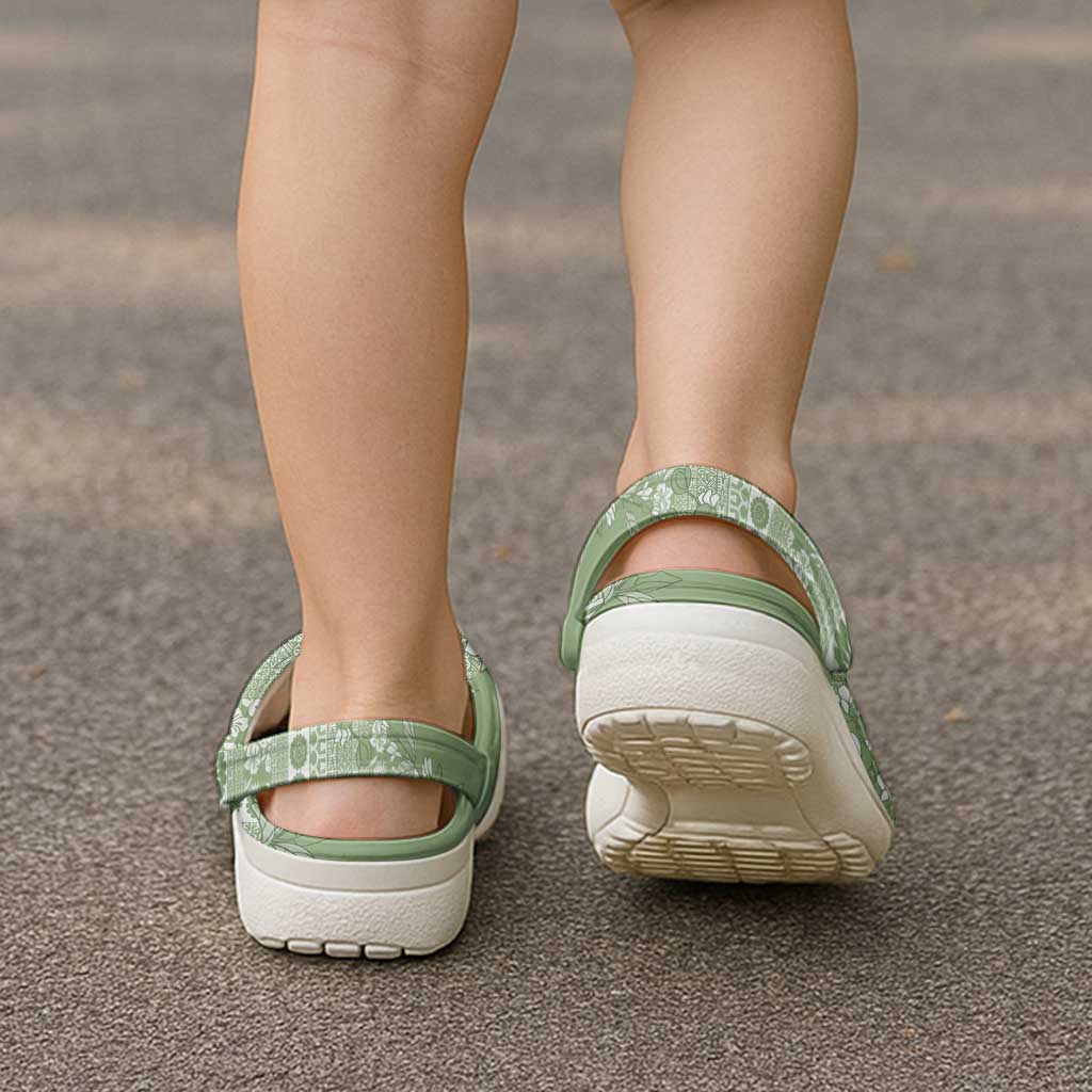 Fiji Marau na Kerisimasi Clogs Shoes Sage Green Tagimoucia Tapa Masi Tribal - Polynesian Pride