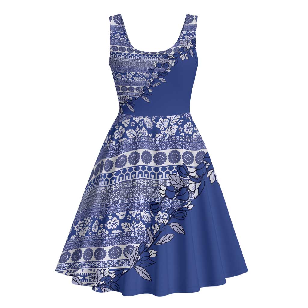 Fiji Marau na Kerisimasi Midi Dress Blue Tagimoucia Tapa Masi Tribal - Polynesian Pride