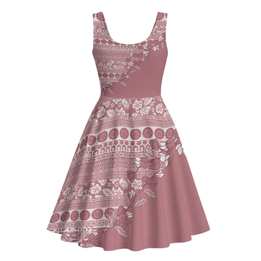 Fiji Marau na Kerisimasi Midi Dress Dusty Rose Tagimoucia Tapa Masi Tribal - Polynesian Pride