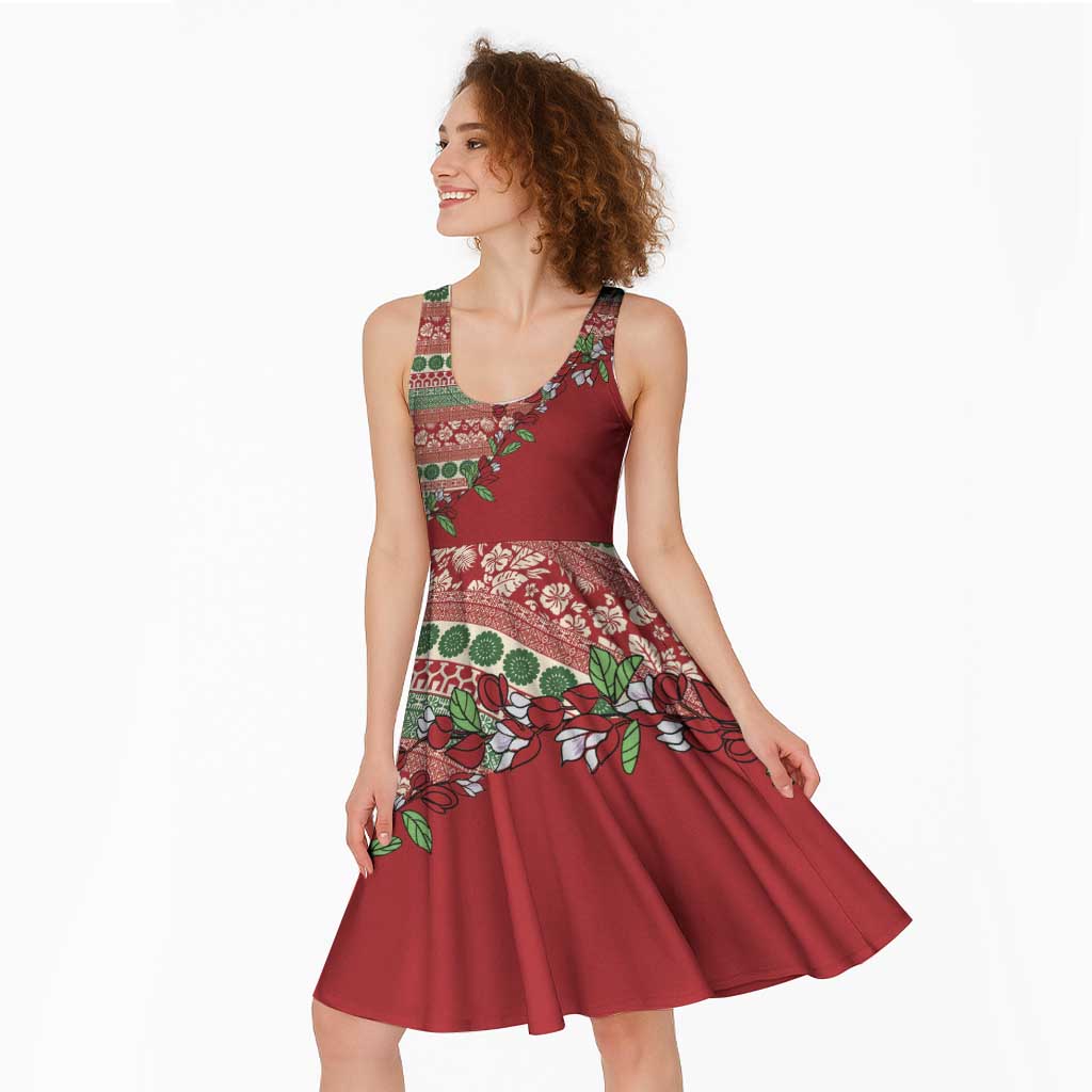 Fiji Marau na Kerisimasi Midi Dress Red Tagimoucia Tapa Masi Tribal - Polynesian Pride