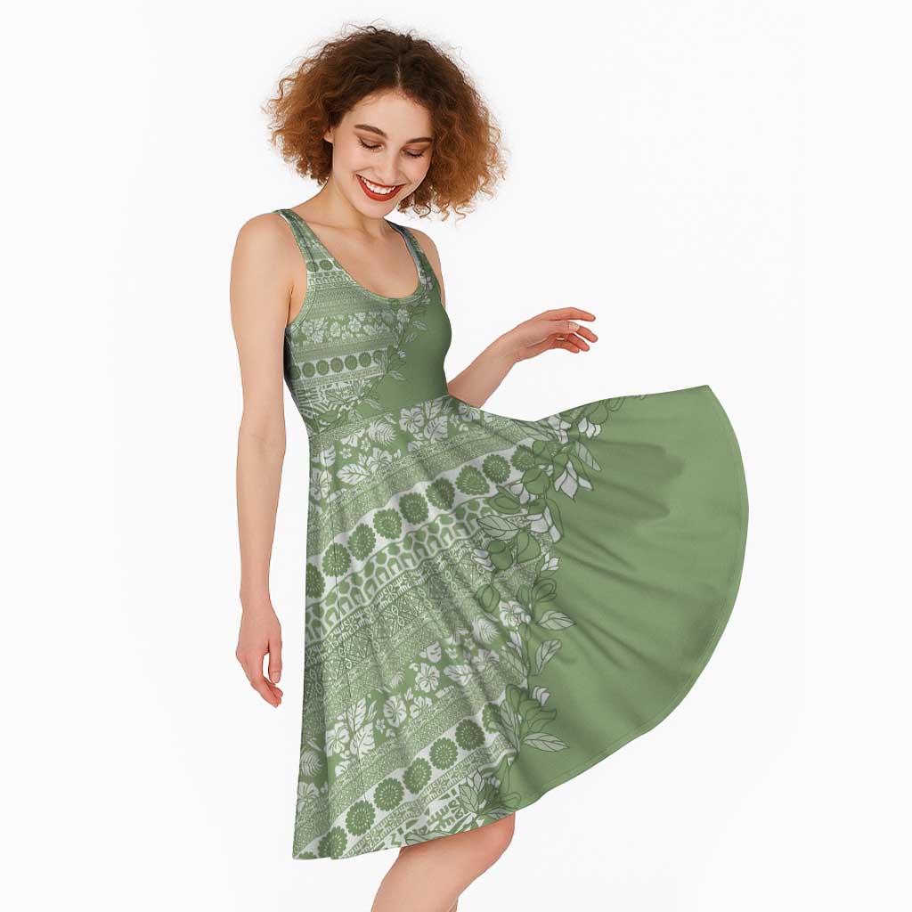 Fiji Marau na Kerisimasi Midi Dress Sage Green Tagimoucia Tapa Masi Tribal - Polynesian Pride