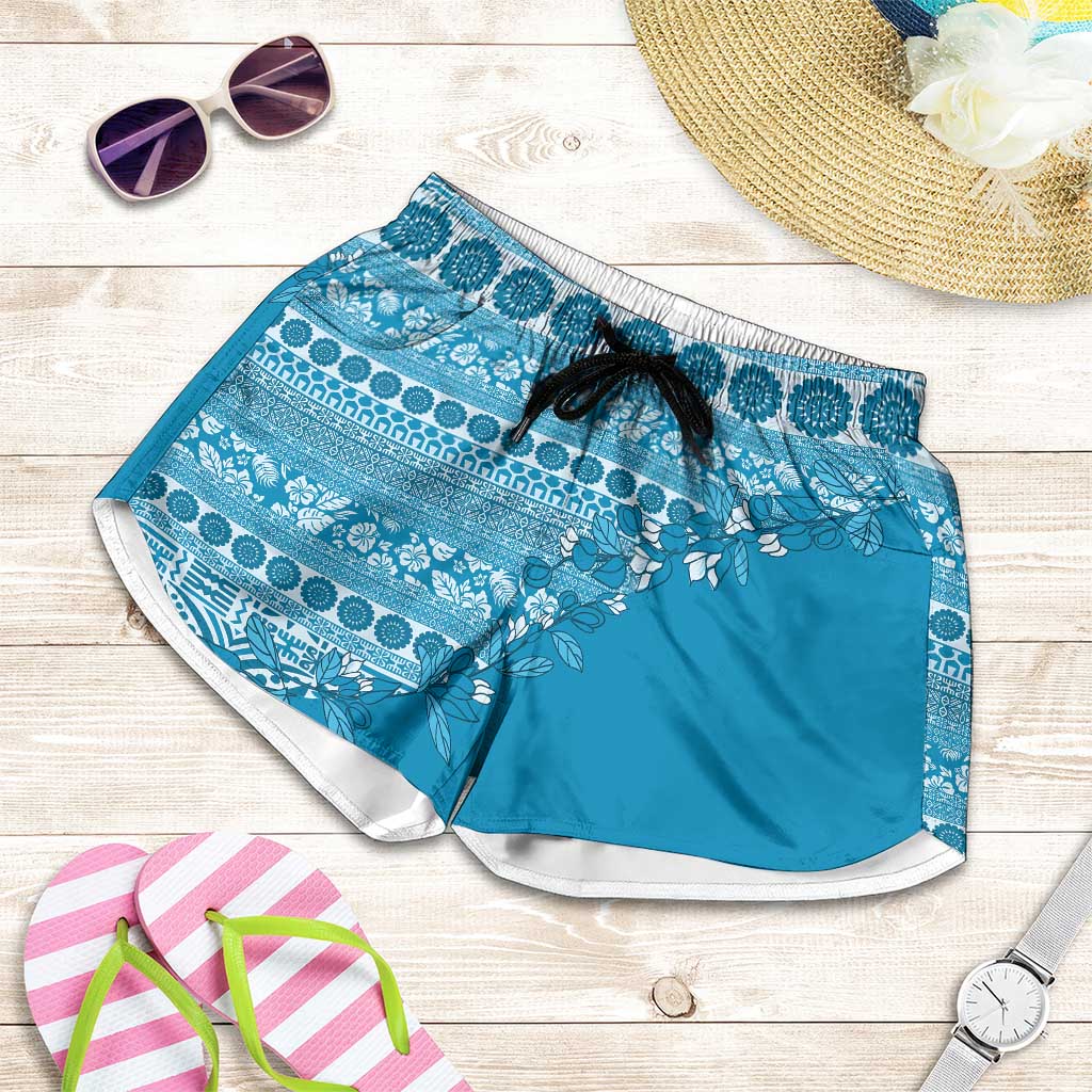 Fiji Marau na Kerisimasi Shorts for Women Aqua Tagimoucia Tapa Masi Tribal - Polynesian Pride