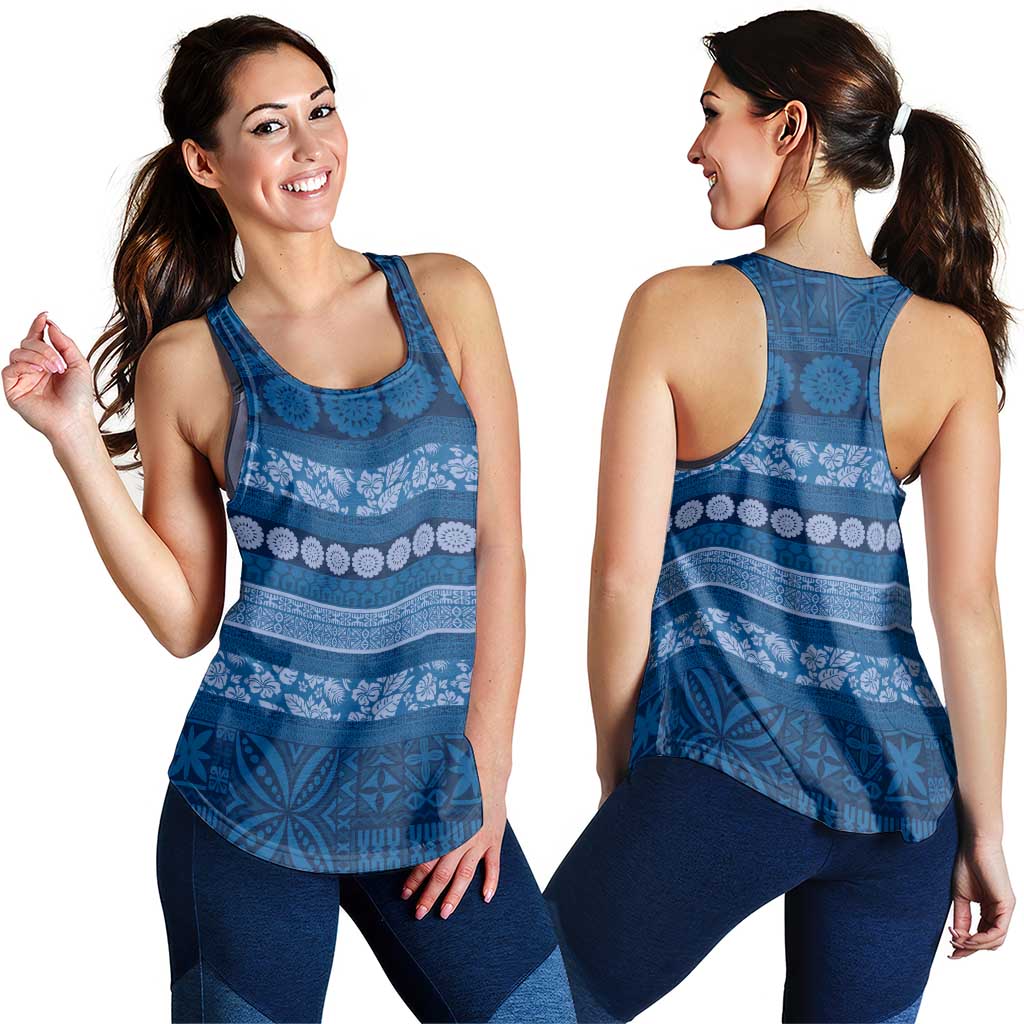 Fiji Marau na Kerisimasi Women Racerback Tank Blue Tapa Masi Inspired Christmas - Polynesian Pride