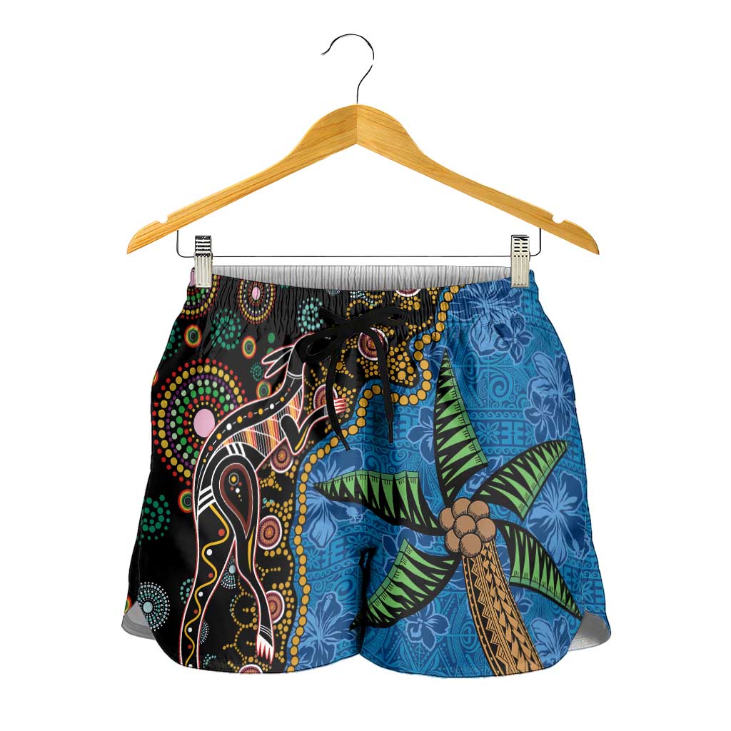 Fijian and Australian Culture Together Shorts for Women Aboriginal Art and Tapa Motifs with Kangaroo and Palm Tree LT03 - Polynesian Pride
