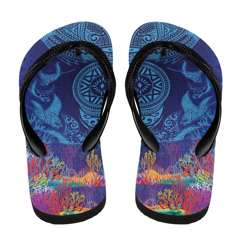 Fijian Tribal Manta Ray Flip Flops Masi Motif with Coral Reef Ocean Vibe LT03 - Polynesian Pride