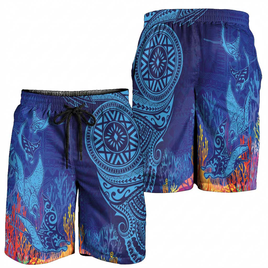 Fijian Tribal Manta Ray Shorts for Men Masi Motif with Coral Reef Ocean Vibe LT03 - Polynesian Pride