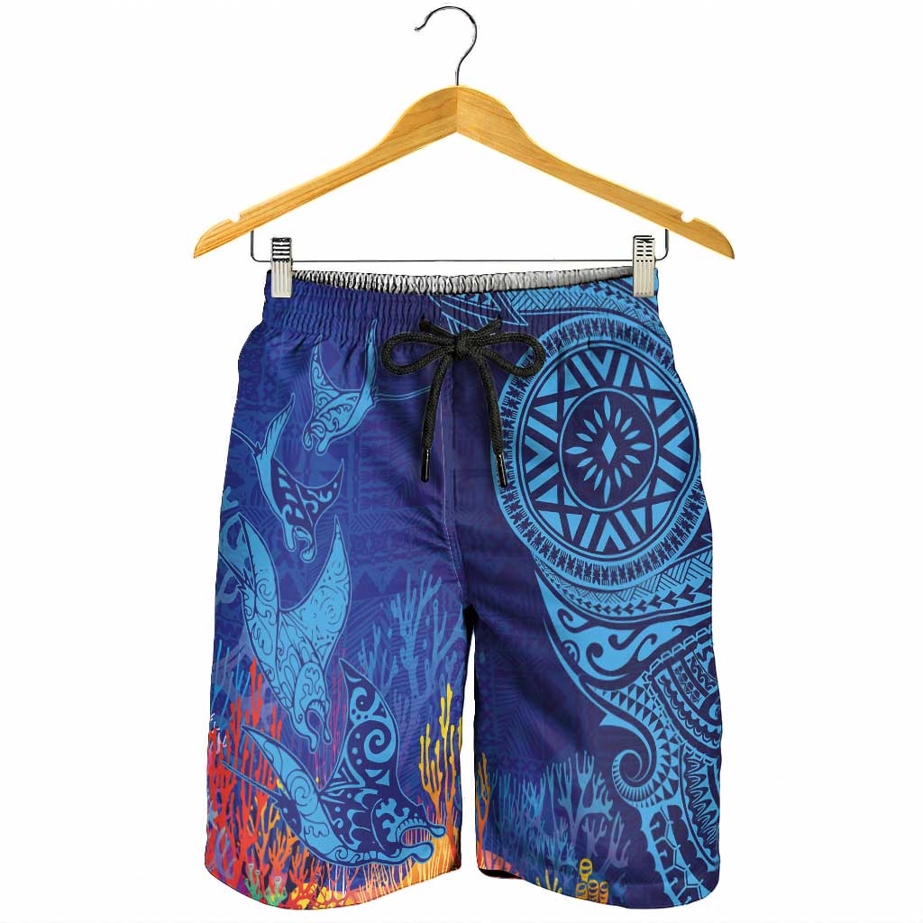Fijian Tribal Manta Ray Shorts for Men Masi Motif with Coral Reef Ocean Vibe LT03 - Polynesian Pride