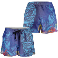 Fijian Tribal Manta Ray Shorts for Women Masi Motif with Coral Reef Ocean Vibe LT03 - Polynesian Pride