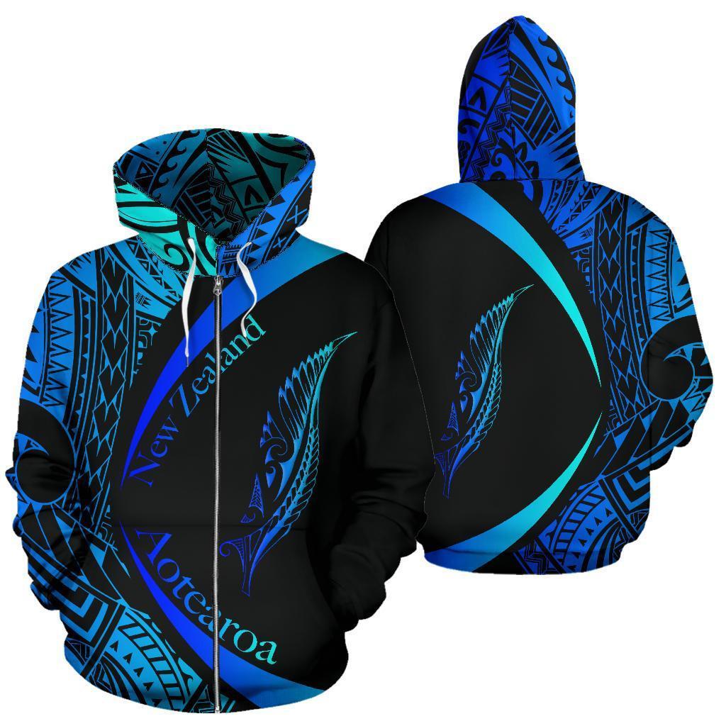 New Zealand Silver Fern Hoodie - Maori Tattoo Circle Style Blue - Polynesian Pride