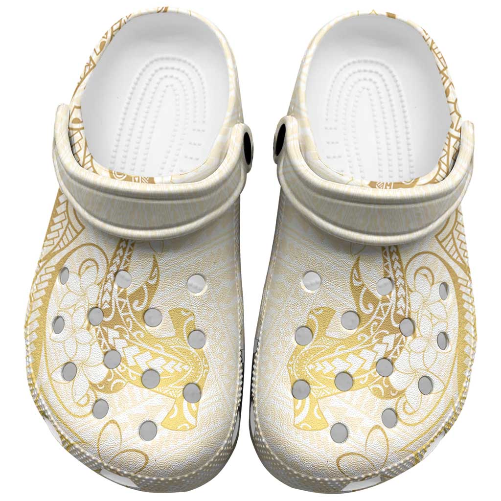 Gold and White Hawaii Clogs Shoes Hammerhead Shark Tattoo Curve Polynesian - Polynesian Pride