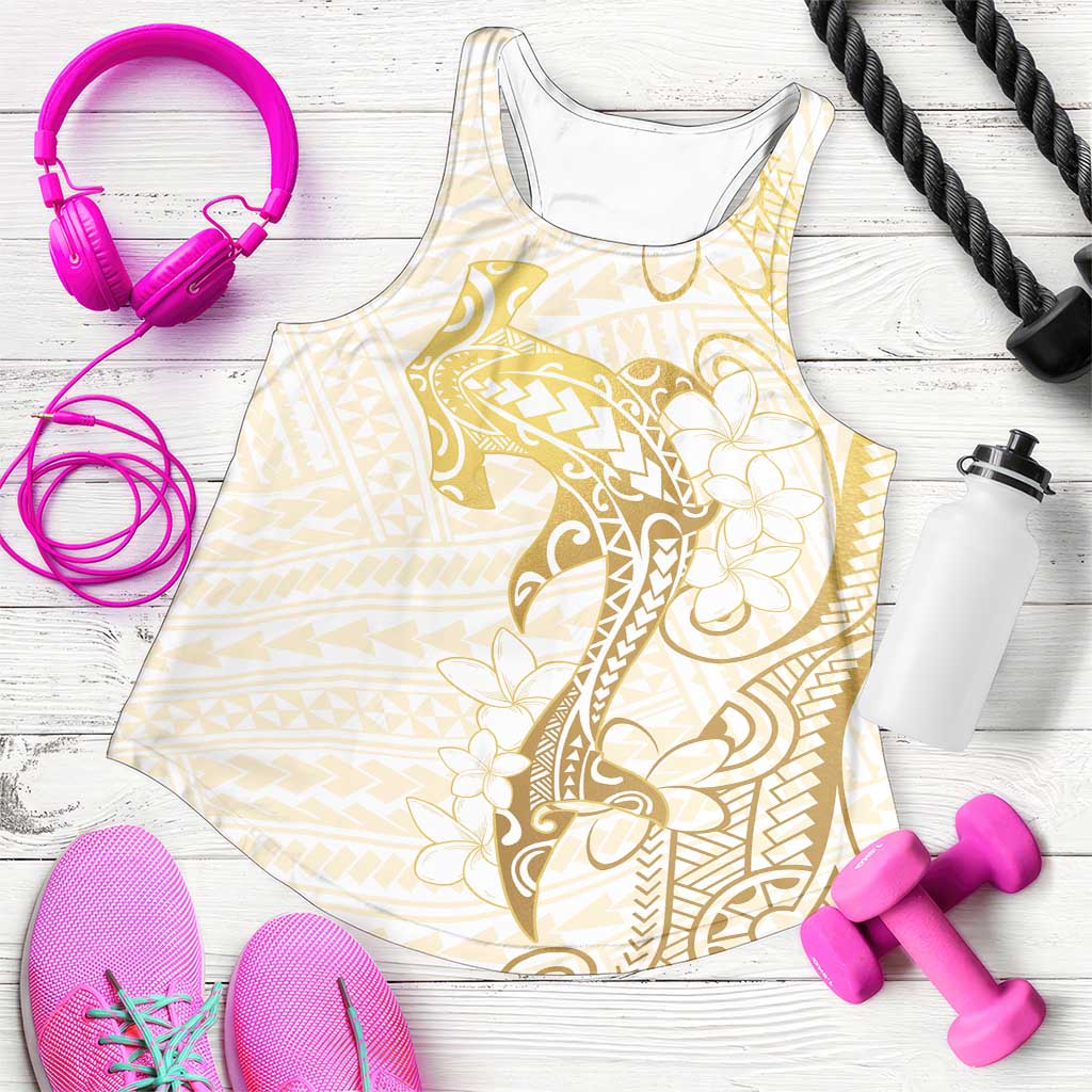 Gold and White Hawaii Women Racerback Tank Hammerhead Shark Tattoo Curve Polynesian - Polynesian Pride