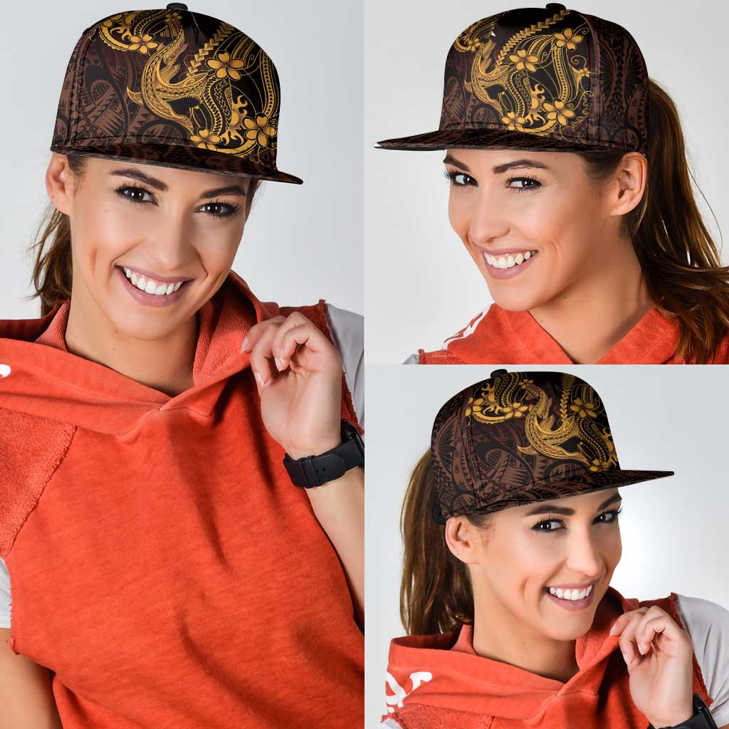 Gold Black Aloha Hawaii Snapback Cap Polynesian Shark Tattoo With Plumeria - Polynesian Pride