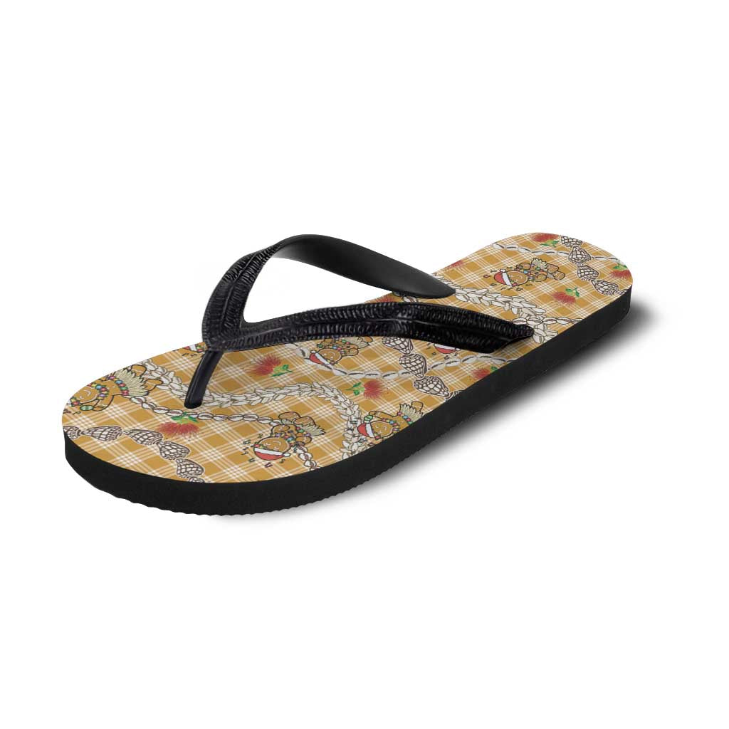 Gold Palaka Hawaii Mele Kalikimaka Flip Flops Ohia Lehua Shell Leis Funny Gingerbread Santa - Polynesian Pride