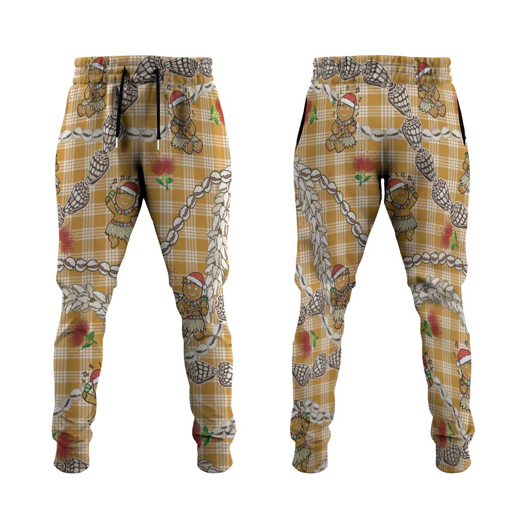 Gold Palaka Hawaii Mele Kalikimaka Jogger Pants Ohia Lehua Shell Leis Funny Gingerbread Santa - Polynesian Pride