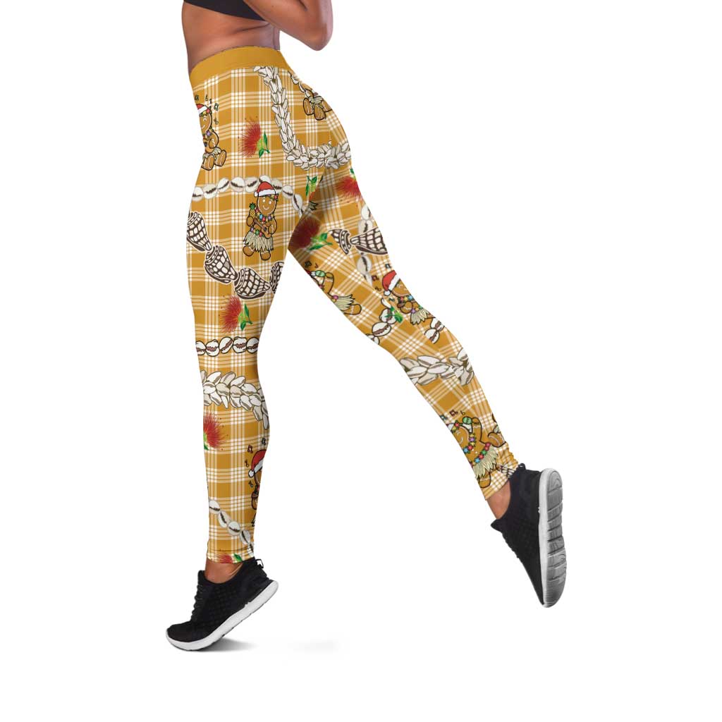 Gold Palaka Hawaii Mele Kalikimaka Leggings Ohia Lehua Shell Leis Funny Gingerbread Santa - Polynesian Pride