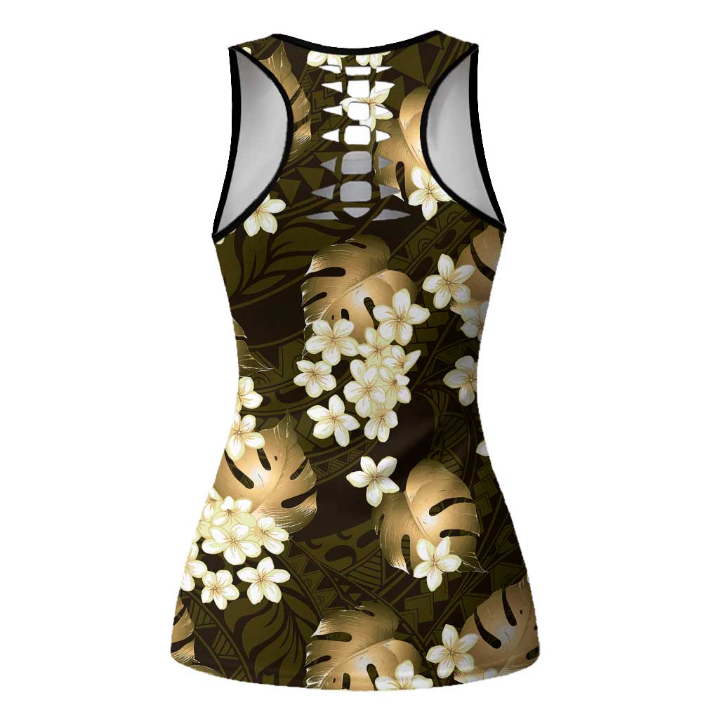 Gold Tropical Hawaii Hollow Tank Top Seamless Monstera Plumeria Hawaiian Pattern - Polynesian Pride