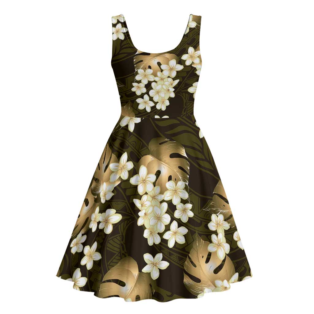 Gold Tropical Hawaii Midi Dress Seamless Monstera Plumeria Hawaiian Pattern LT14 - Polynesian Pride