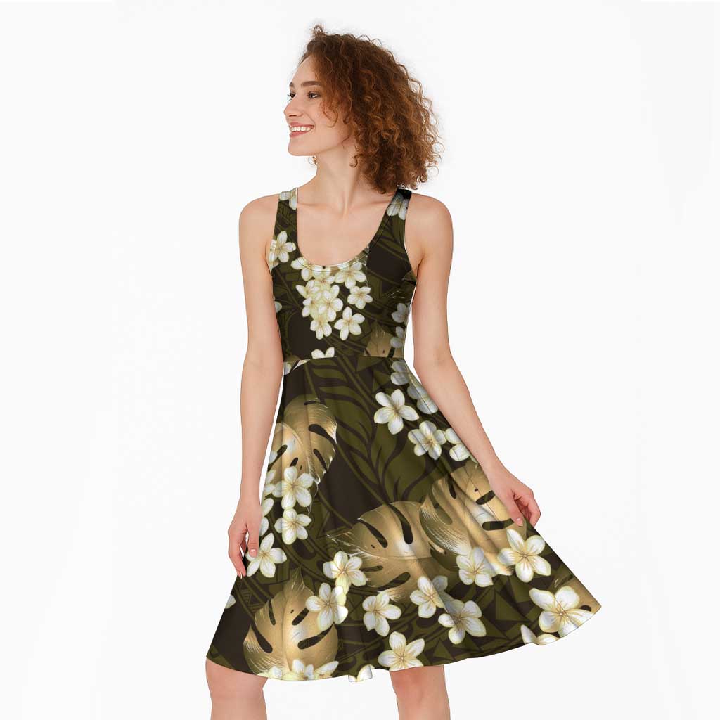 Gold Tropical Hawaii Midi Dress Seamless Monstera Plumeria Hawaiian Pattern LT14 - Polynesian Pride