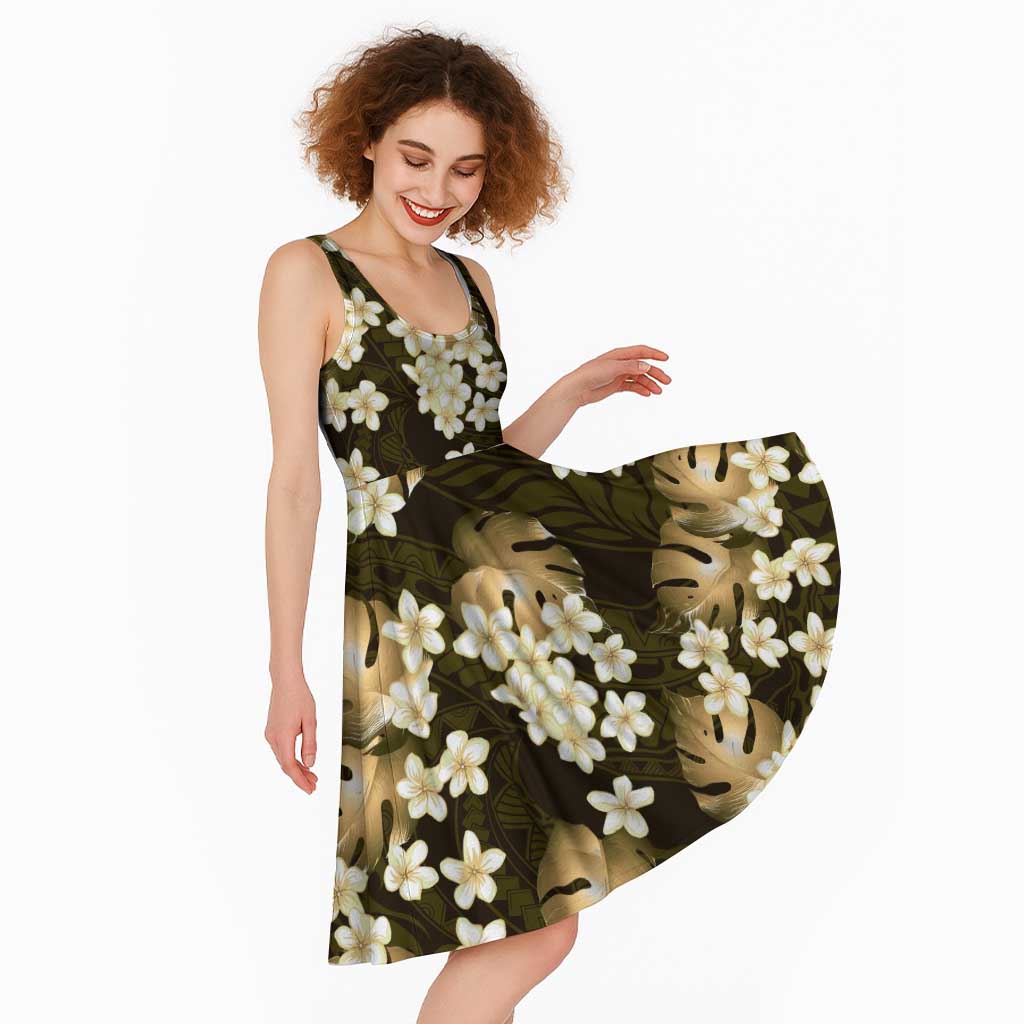 Gold Tropical Hawaii Midi Dress Seamless Monstera Plumeria Hawaiian Pattern LT14 - Polynesian Pride