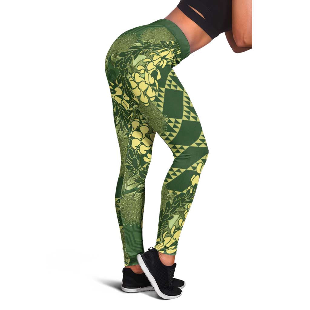 Green Aloha Hawaii Leggings Hawaiian Kakau Ohia Lehua Lei - Polynesian Pride