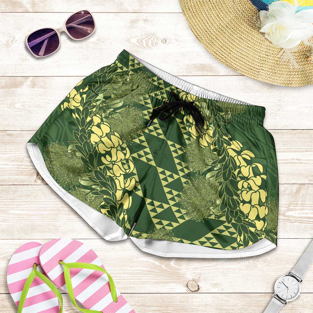 Green Aloha Hawaii Shorts for Women Hawaiian Kakau Ohia Lehua Lei - Polynesian Pride