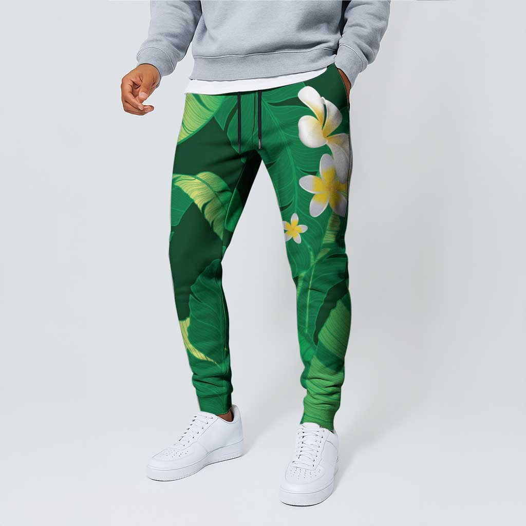 Green Banana Leaf Hawaii Jogger Pants Lau Maia Plumeria Tropical Summer Vibes LT14 - Polynesian Pride