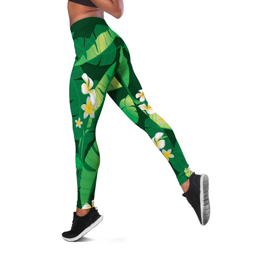 Green Banana Leaf Hawaii Leggings Lau Maia Plumeria Tropical Summer Vibes LT14 Green - Polynesian Pride