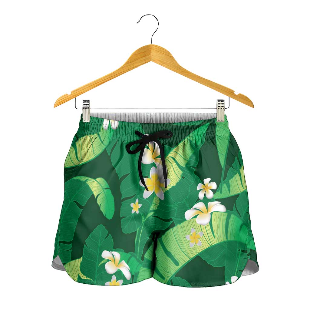 Green Banana Leaf Hawaii Shorts for Women Lau Maia Plumeria Tropical Summer Vibes LT14 - Polynesian Pride