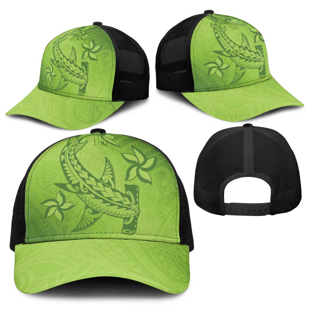 Green Gradient Polynesia Baseball Net Cap Hawaiian Tribal Hammerhead Shark Tattoo - Polynesian Pride