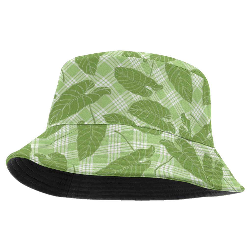 Green Hawaii Kalo Palaka Motifs Bucket Hat Hawaiian Taro Leaves Elegant Vibes