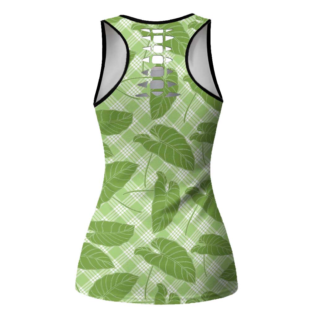 Green Hawaii Kalo Palaka Motifs Hollow Tank Top Hawaiian Taro Leaves Elegant Vibes