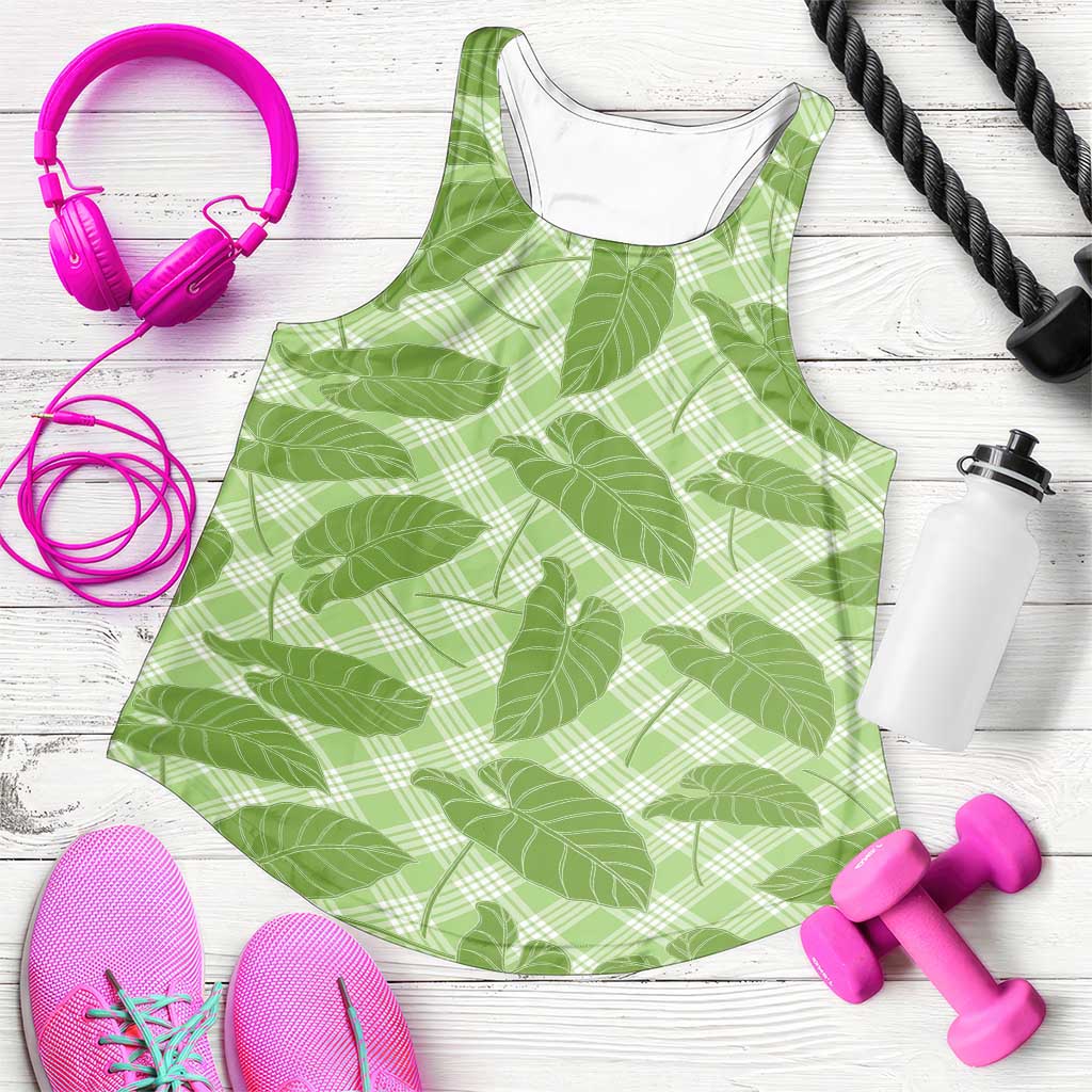 Green Hawaii Kalo Palaka Motifs Women Racerback Tank Hawaiian Taro Leaves Elegant Vibes LT14 Green - Polynesian Pride