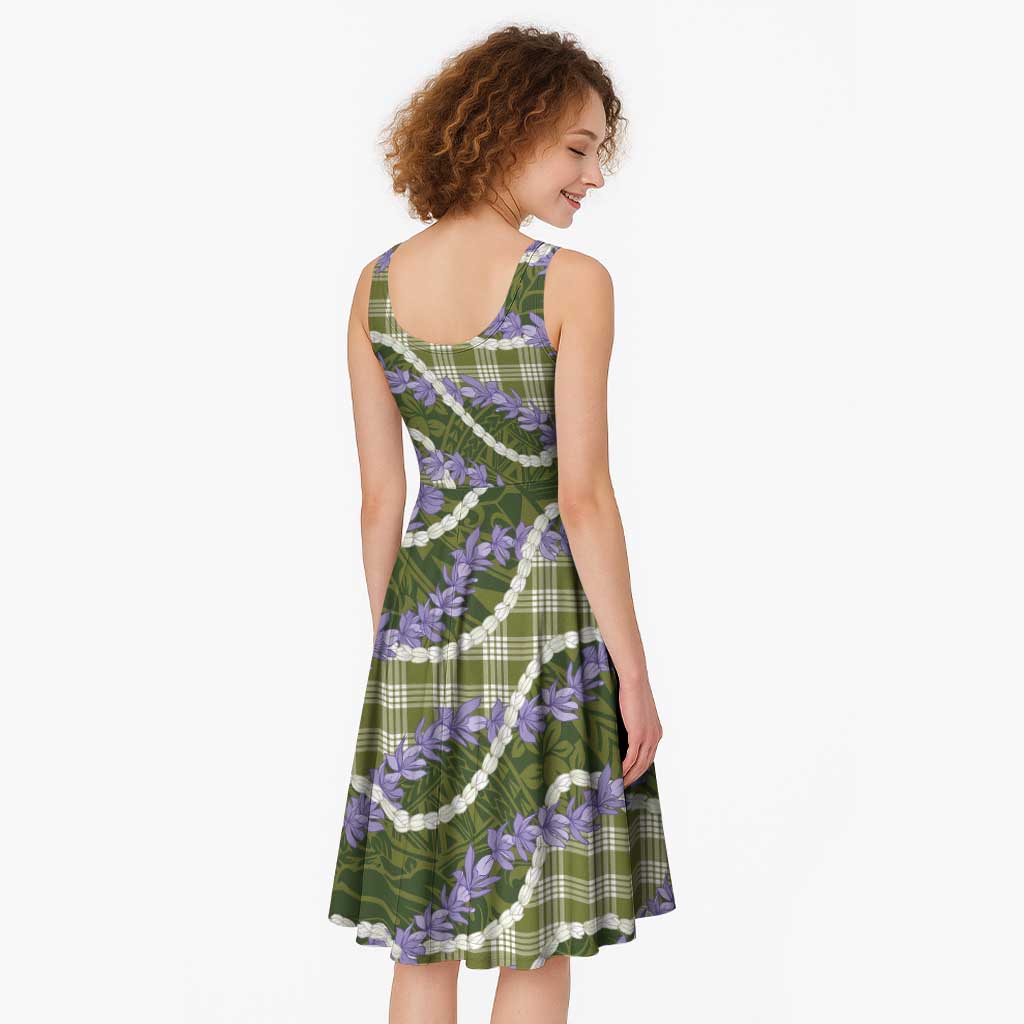 Green Hawaii Palaka Honohono Pikake Midi Dress Hawaiian Orchid Lei Polynesian Pattern - Polynesian Pride
