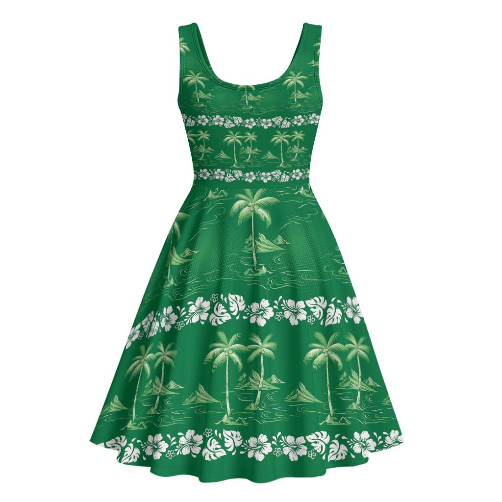 Green Hawaii Palm Tree Hibiscus Midi Dress Fantasy Summer Vibe LT01 - Polynesian Pride