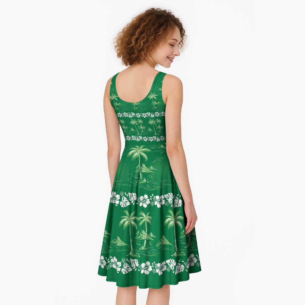 Green Hawaii Palm Tree Hibiscus Midi Dress Fantasy Summer Vibe LT01 - Polynesian Pride