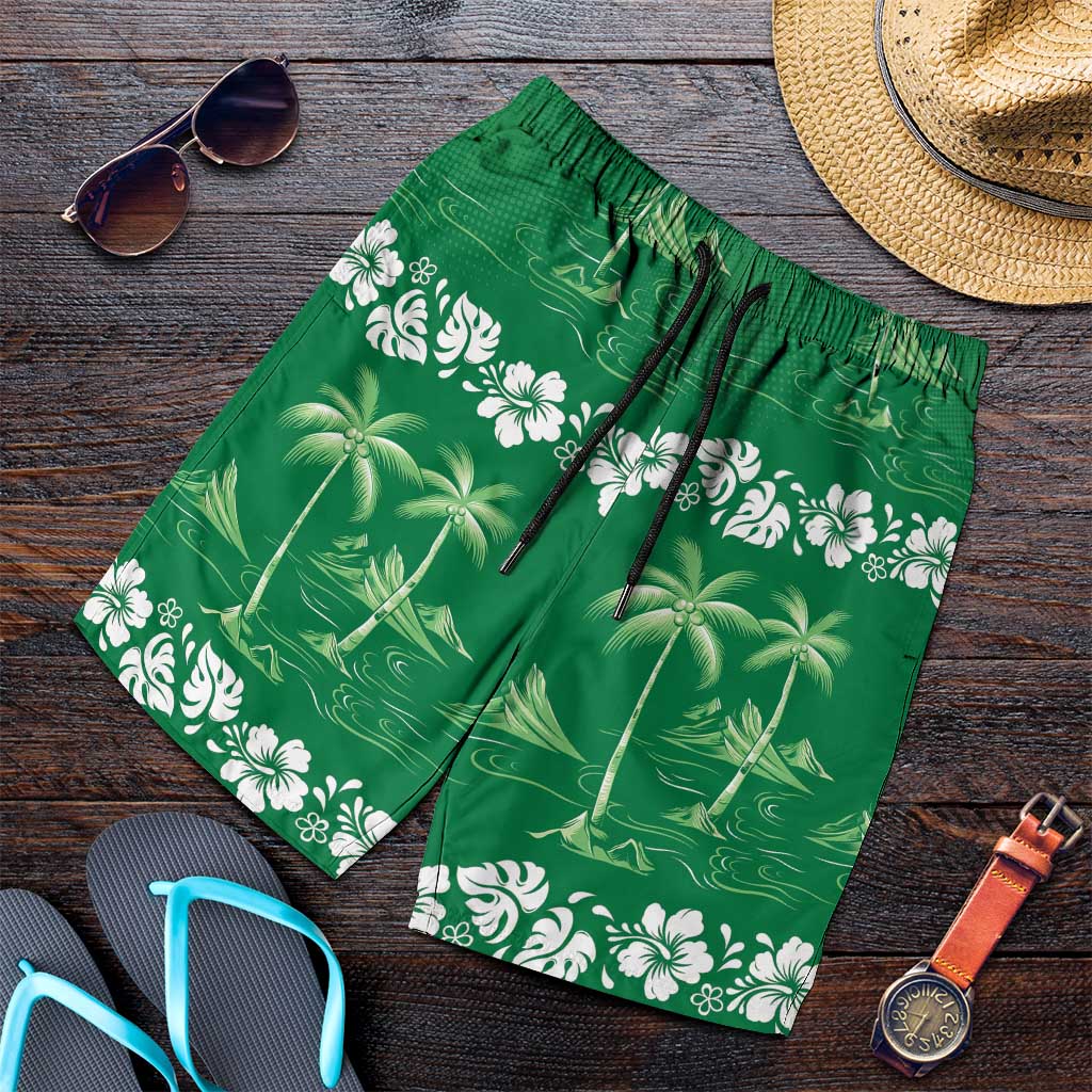 Green Hawaii Palm Tree Hibiscus Shorts for Men Fantasy Summer Vibe LT01 Green - Polynesian Pride