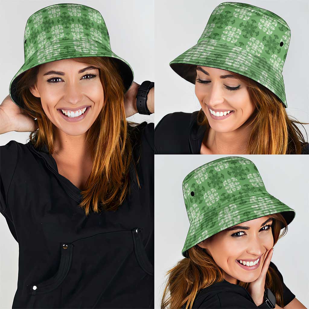 Green Hawaiian Quilt Bucket Hat Hawaii Pineapple Monstera Palaka Motifs - Polynesian Pride