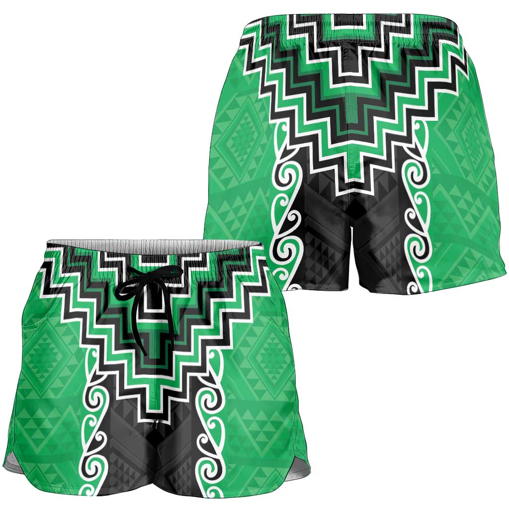 Green Niho Taniwha Mix Poutama Shorts for Women Unique Taniko Aotearoa - Polynesian Pride