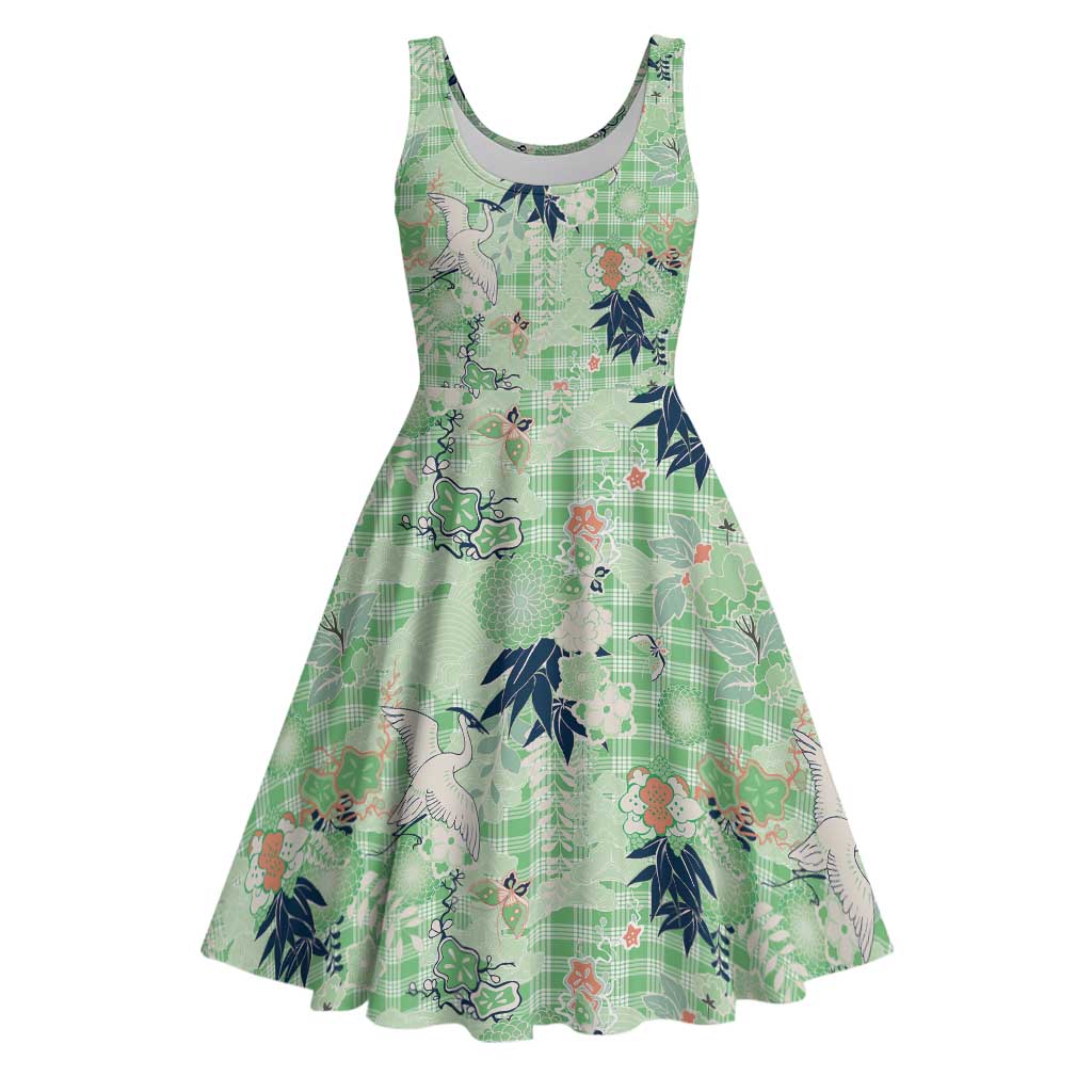 Green Palaka Crane and Flowers Midi Dress Japan Heritage Spirit - Polynesian Pride